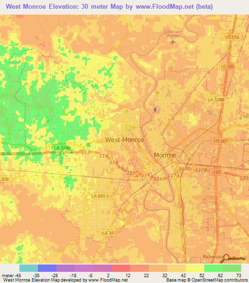 West Monroe,US Elevation Map