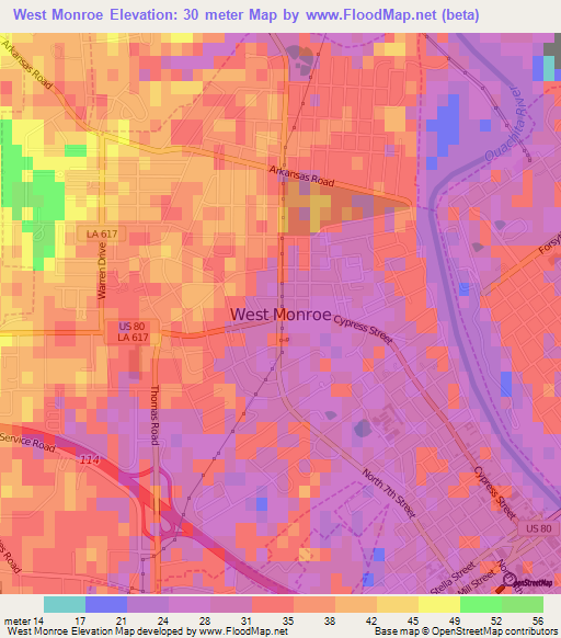 West Monroe,US Elevation Map