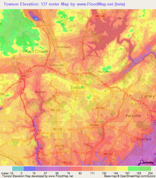 Towson,US Elevation Map