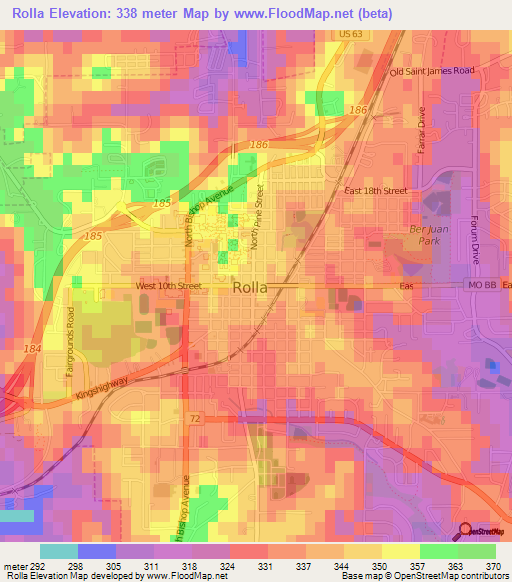 Rolla,US Elevation Map