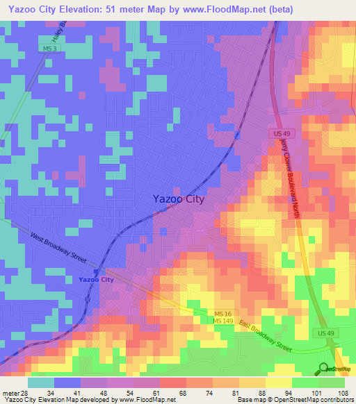 Yazoo City,US Elevation Map