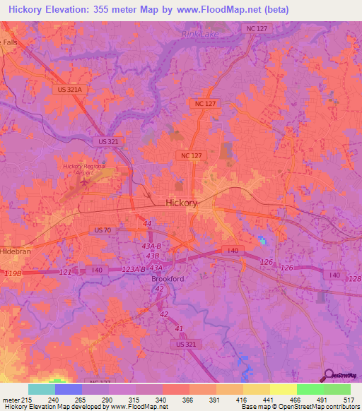 Hickory,US Elevation Map