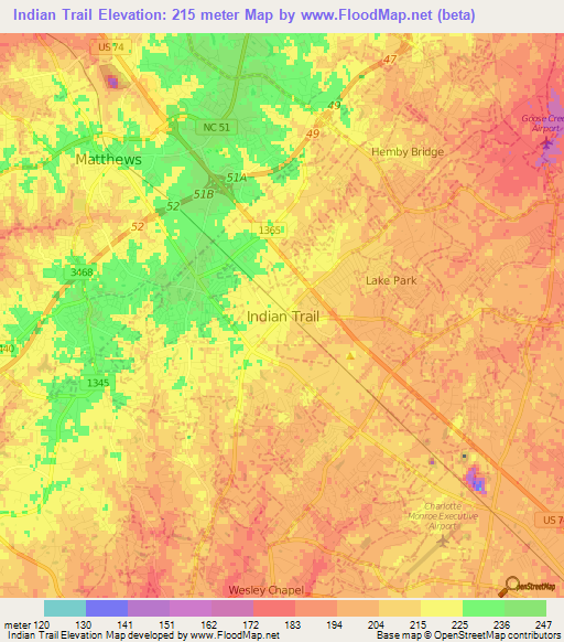 Indian Trail,US Elevation Map