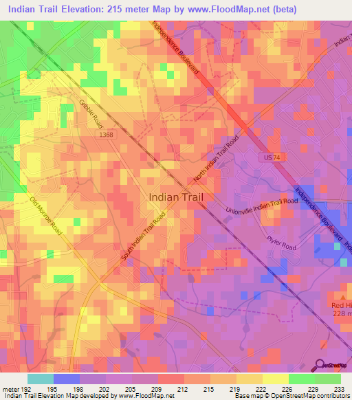 Indian Trail,US Elevation Map