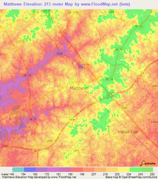 Matthews,US Elevation Map