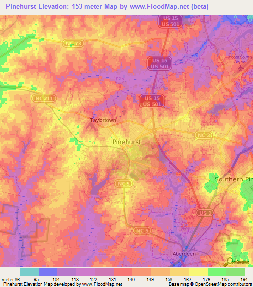 Pinehurst,US Elevation Map