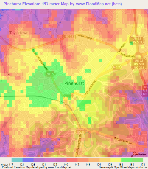 Pinehurst,US Elevation Map