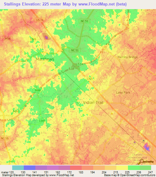 Stallings,US Elevation Map