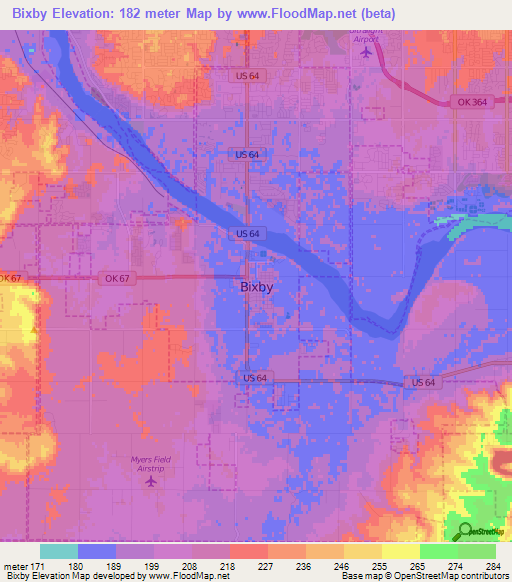 Bixby,US Elevation Map