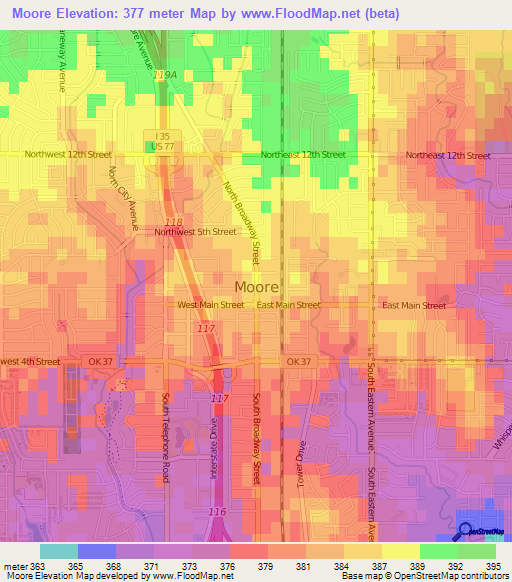 Moore,US Elevation Map