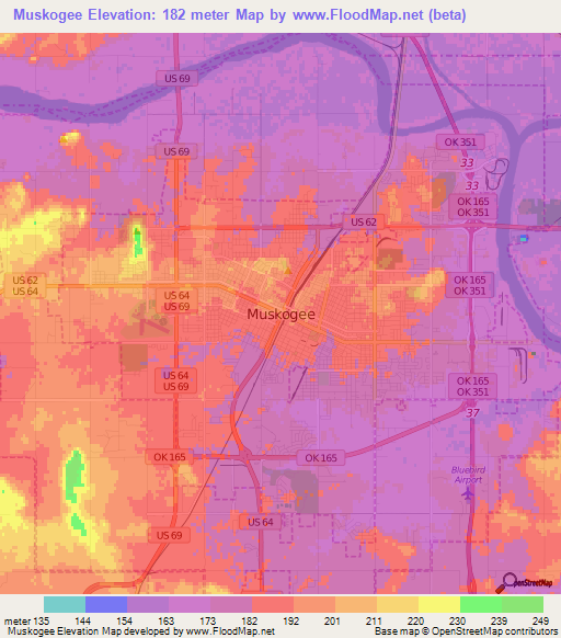 Muskogee,US Elevation Map