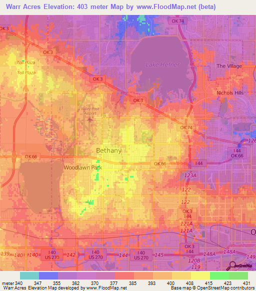 Warr Acres,US Elevation Map