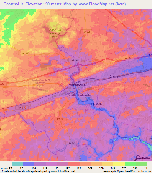 Coatesville,US Elevation Map