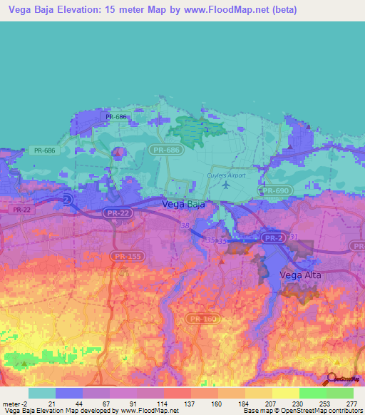 Vega Baja,Puerto Rico Elevation Map