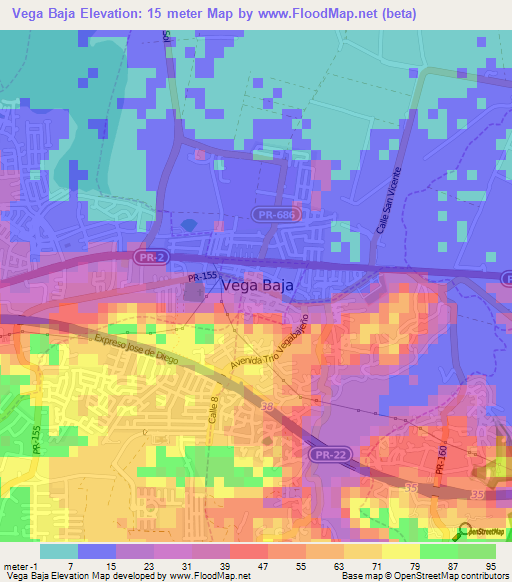 Vega Baja,Puerto Rico Elevation Map