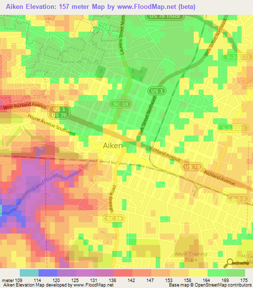 Aiken,US Elevation Map