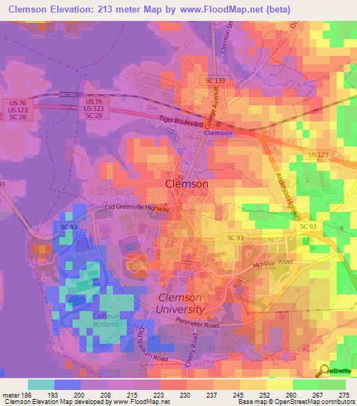 Clemson,US Elevation Map