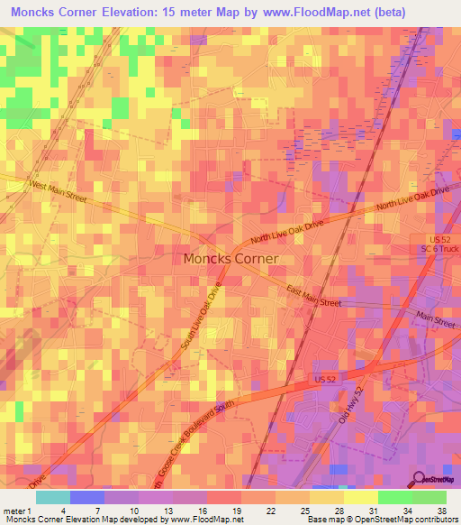 Moncks Corner,US Elevation Map