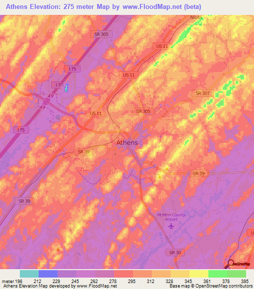 Athens,US Elevation Map