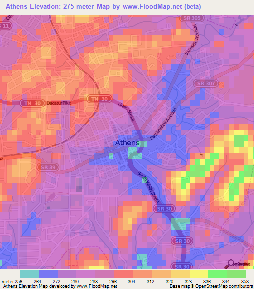 Athens,US Elevation Map