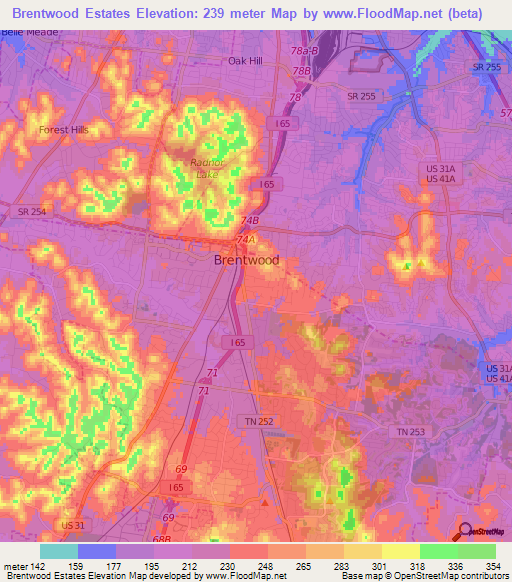 Brentwood Estates,US Elevation Map