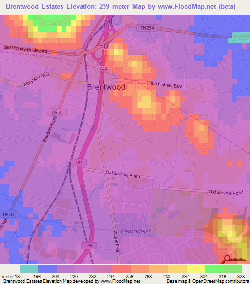 Brentwood Estates,US Elevation Map