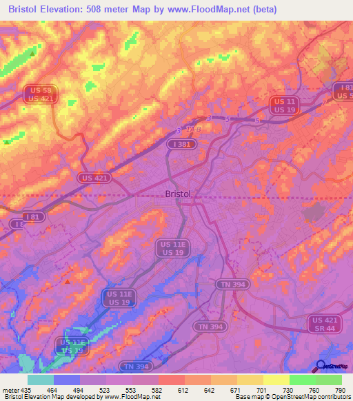 Bristol,US Elevation Map