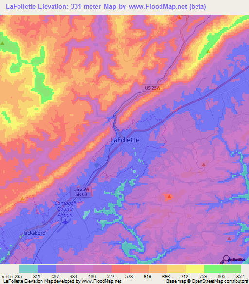 LaFollette,US Elevation Map