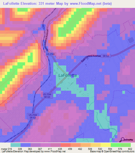 LaFollette,US Elevation Map