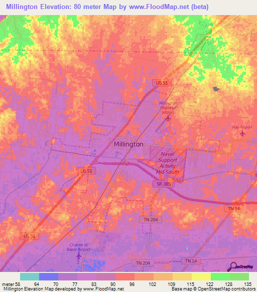 Millington,US Elevation Map