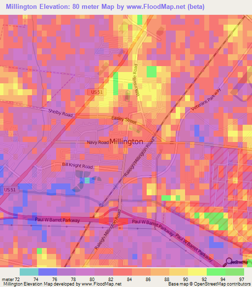 Millington,US Elevation Map