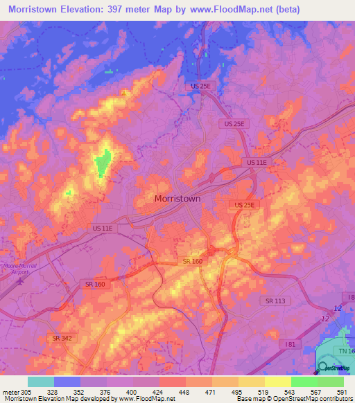 Elevation of Morristown,US Elevation Map, Topography, Contour