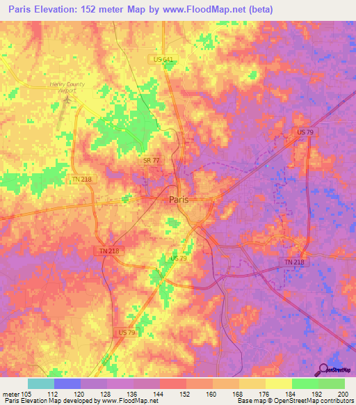 Paris,US Elevation Map