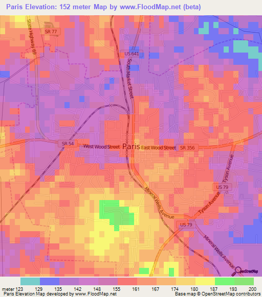 Paris,US Elevation Map