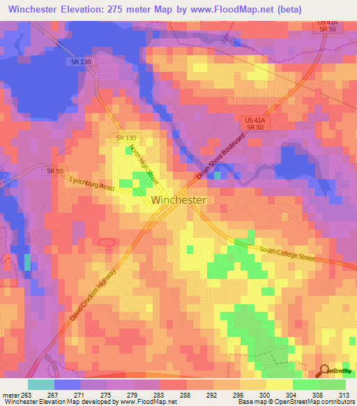 Winchester,US Elevation Map