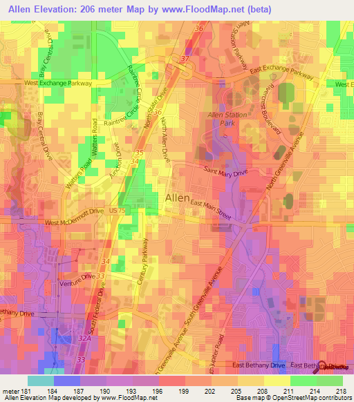 Allen,US Elevation Map