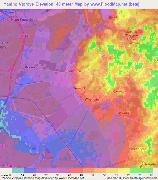 Yanino Vtoroye,Russia Elevation Map