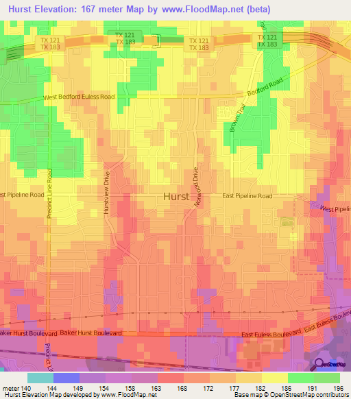 Hurst,US Elevation Map