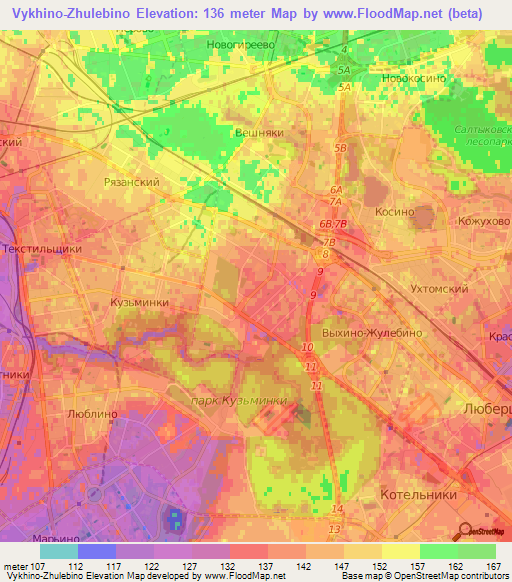 Vykhino-Zhulebino,Russia Elevation Map