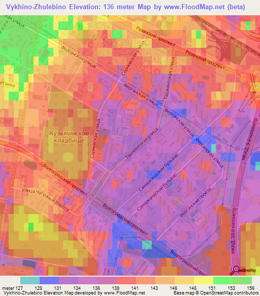 Vykhino-Zhulebino,Russia Elevation Map