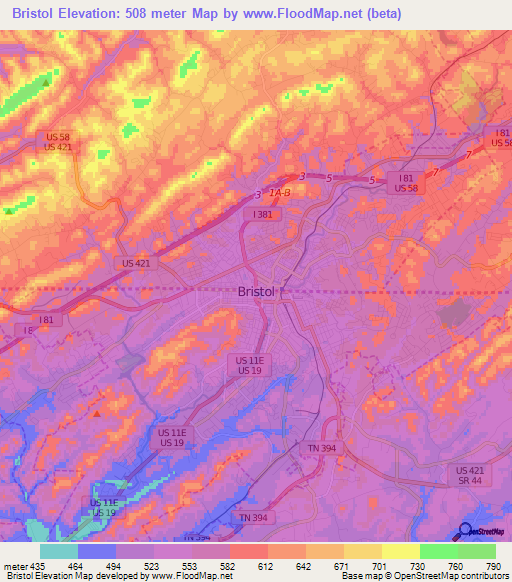 Bristol,US Elevation Map