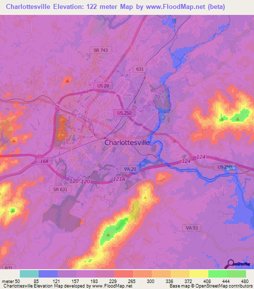 Charlottesville,US Elevation Map