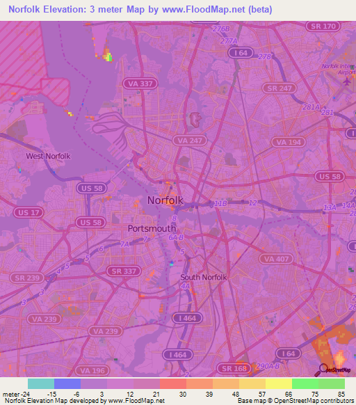 Norfolk,US Elevation Map