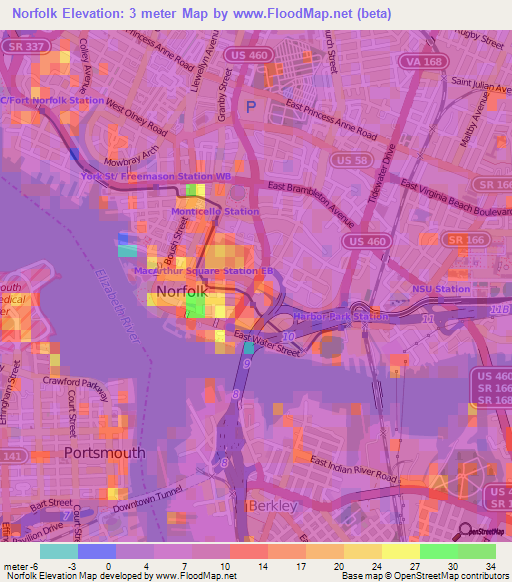 Norfolk,US Elevation Map