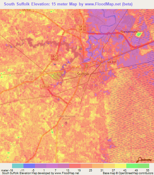 South Suffolk,US Elevation Map