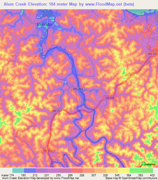 Alum Creek,US Elevation Map