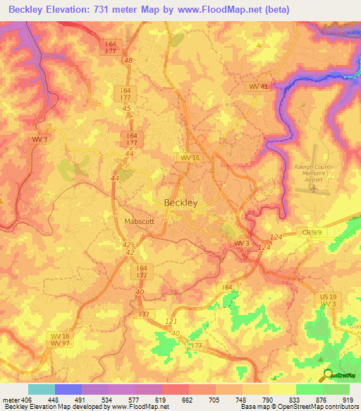 Beckley,US Elevation Map