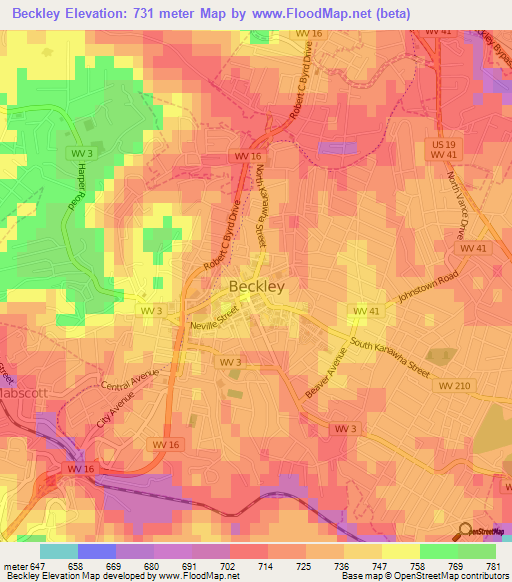 Beckley,US Elevation Map