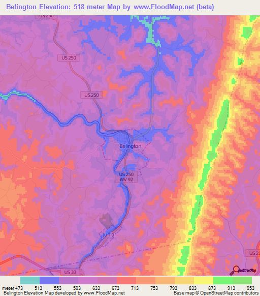 Belington,US Elevation Map