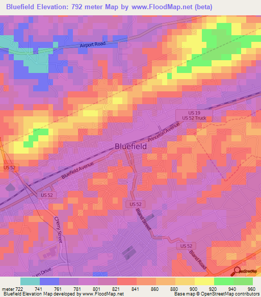 Bluefield,US Elevation Map